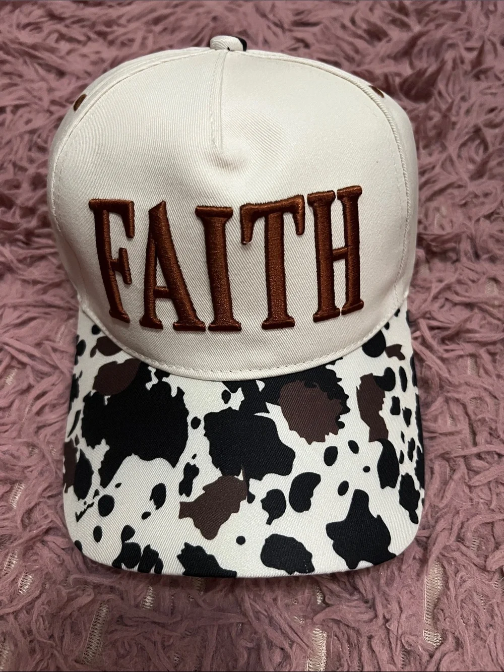 NWT cream 'FAITH' Trucker Hat with Black & Brown Cow Print Brim